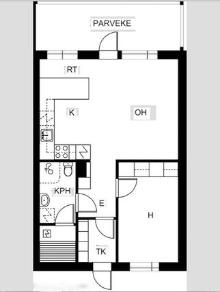 Rental Raahe Pyhtilä 2 rooms Keittiössä leveä pöytätaso toimii myös ruokapöytänä.