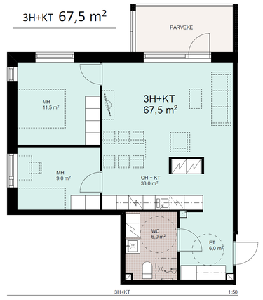 Rental Mustasaari Smedsby 3 rooms Kolmion pohjakuva. Bottenplan på trerummare.