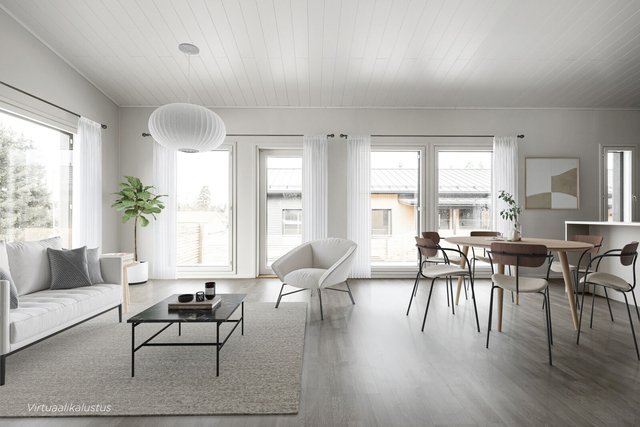 Rental Nurmijärvi Klaukkala 5 + Avara olohuone-keittiö isoilla ikkunoilla ja korkealla huonekorkeudella