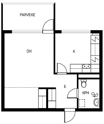 Rental Rauma Lajo 1 room Ikkunaseinältä kohti alkovia ja eteistä. Asunto vuokrataan kalustamattomana.