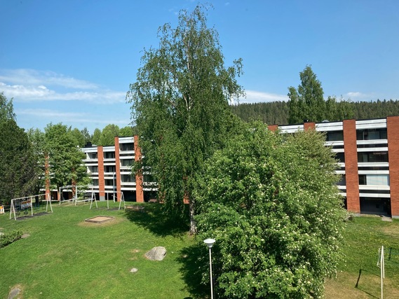 Vuokra-asunto Kuopio Puijonlaakso Kaksio näkymä olohuoneen ikkunasta Puijon suuntaan