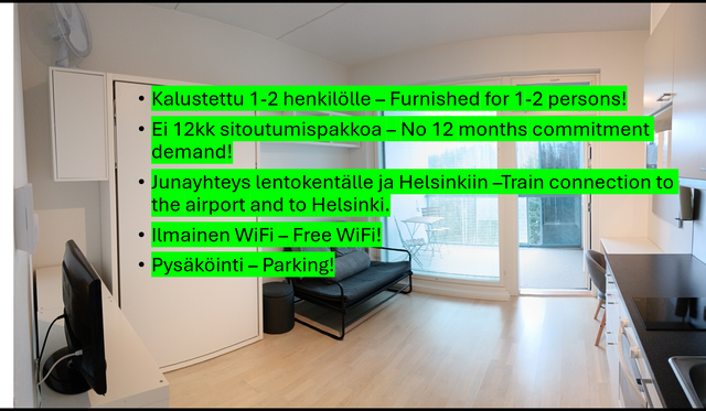 Rental Vantaa Rekola 1 room Kalustettu asunto lähellä lentokenttää lyhyeen tai pitempään tarpeeseen