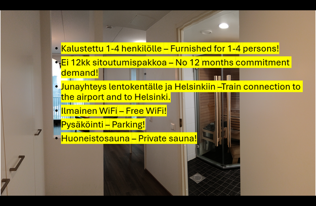 Vuokra-asunto Vantaa Kivistö Yksiö Saunallinen, täysin kalustettu asunto