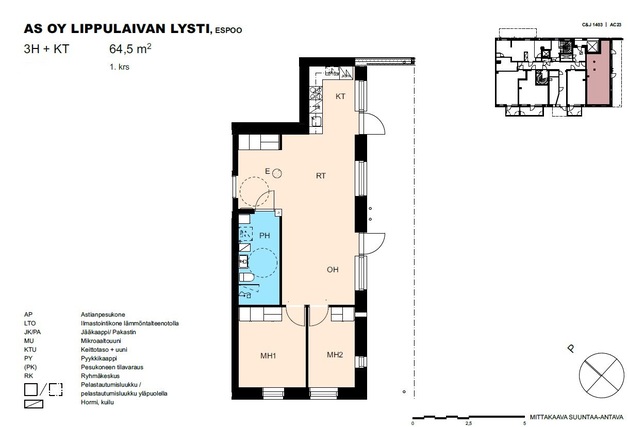 Vuokra-asunto Espoo Espoonlahti 3 huonetta Julkisivukuva sisäpihalta