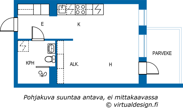 Vuokra-asunto Tampere Kaleva Yksiö Hissitalon 3/6 kerroksen yksiö, jossa lasitettu parveke rauhallisen puistopihan puolelle.
