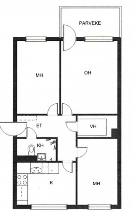 Rental Tampere Hervanta 3 rooms Suuntaa antava pohjapiirustus. Ei mittakaavassa