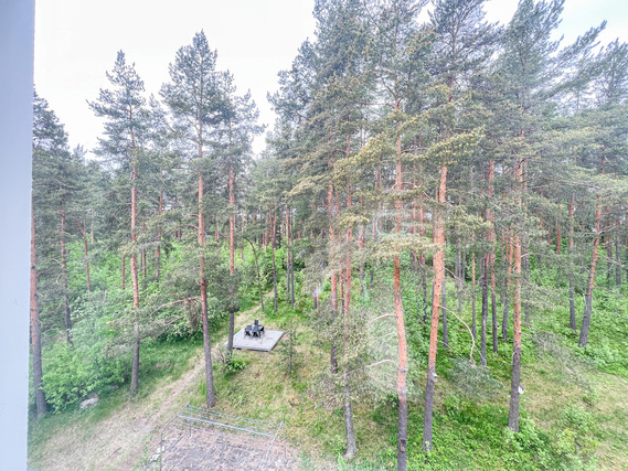 Rental Heinola Tommola 2 rooms Ylimmän kerroksen koti, jossa ikkunat katsovat vehreän takapihametsän suuntaan kaakkoon.